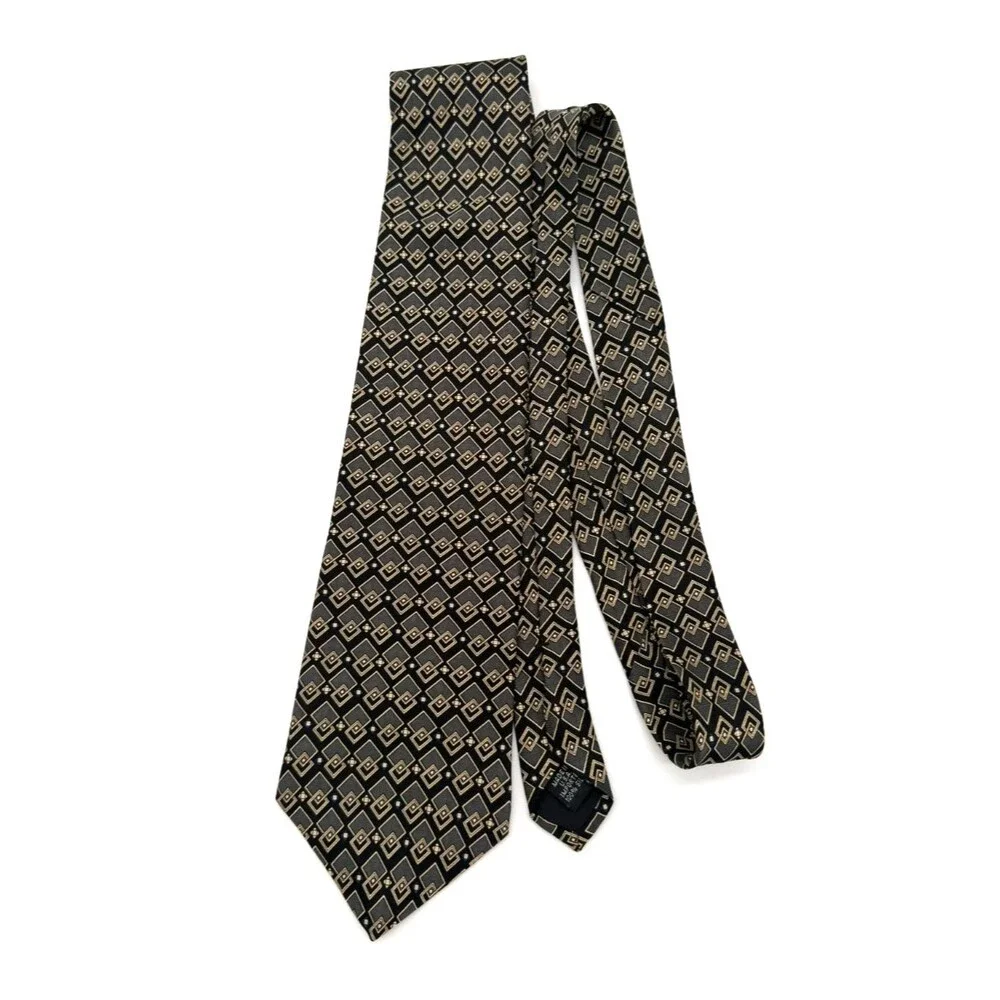 Geoffrey Beene Men's 100% Silk Tie Made in USA Black Grey Gold Geometric